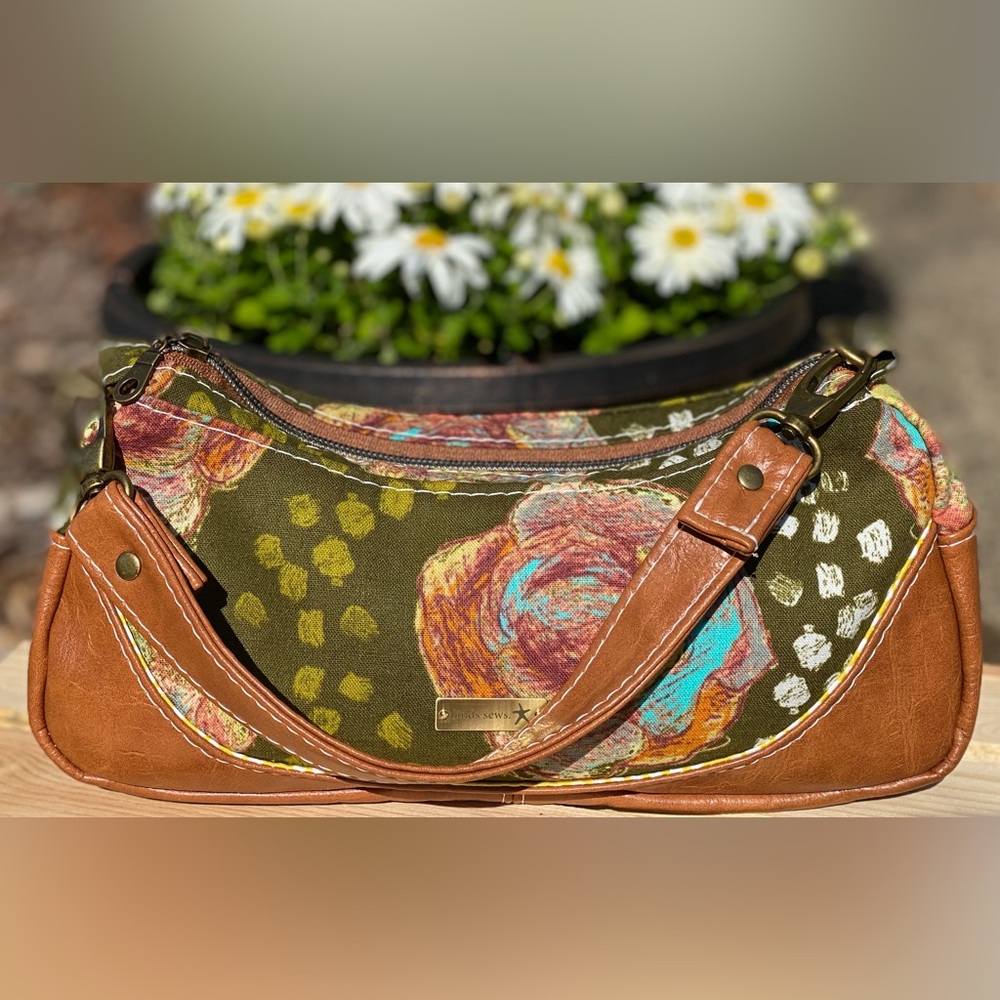 Floral Canvas Shoulder Bag with Tan Accents